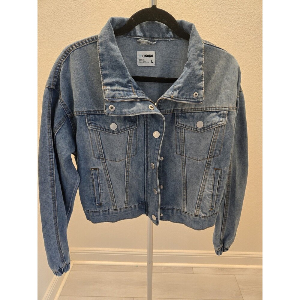 ​Ci Sono Denim Jacket L Womens Blue Cropped Asymmetric Zip Trucker